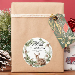 Floral Deer Elegant Moderne frohe Weihnachten Runder Aufkleber