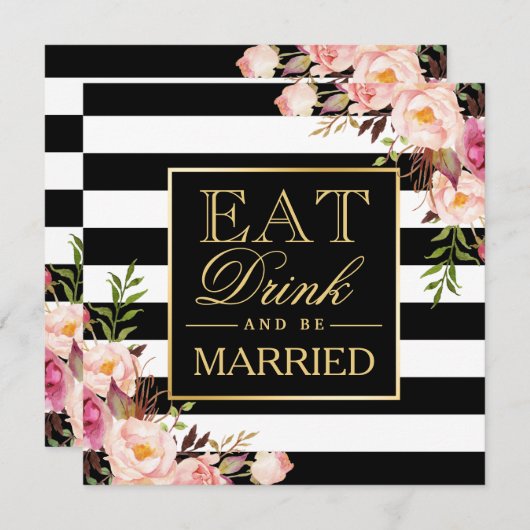 Floral Deko trinken und Verheiratet sein B&W gestr Einladung (Vorne/Hinten)