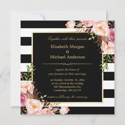 Floral Deko trinken und Verheiratet sein B&W gestr Einladung (Rückseite)