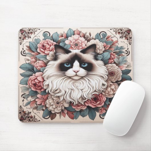 Floral Delight Ragdoll Cat, Niedlich Ragdoll Kitte Mousepad (Mit Mouse)