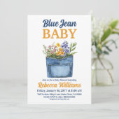 Floral Denim Pocket Yellow Blue Jean Baby Shower Einladung (Stehend Vorderseite)