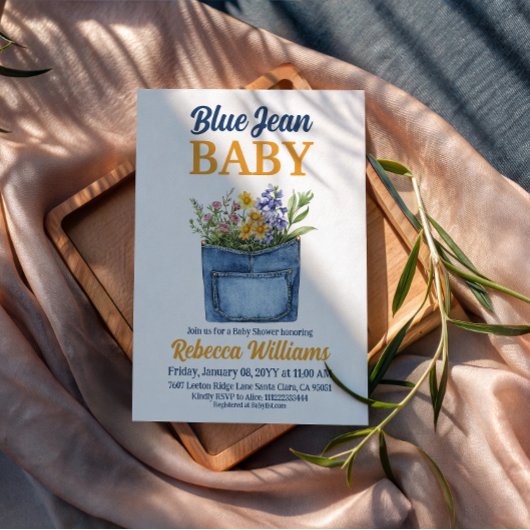 Floral Denim Pocket Yellow Blue Jean Baby Shower Einladung