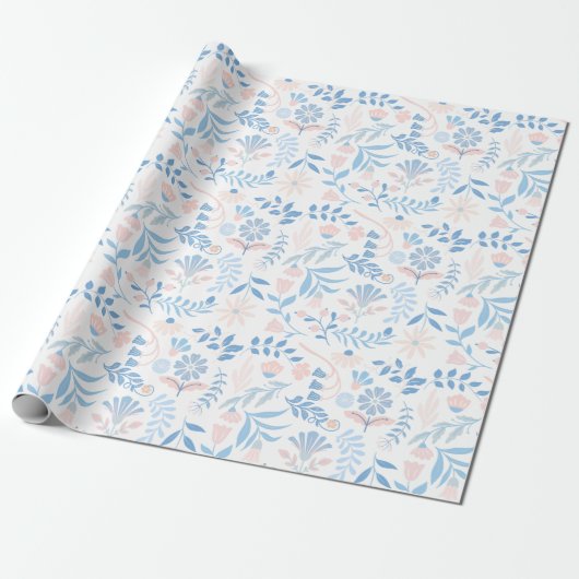 Floral design boho block print blue pink girly geschenkpapier (Ungerollt)