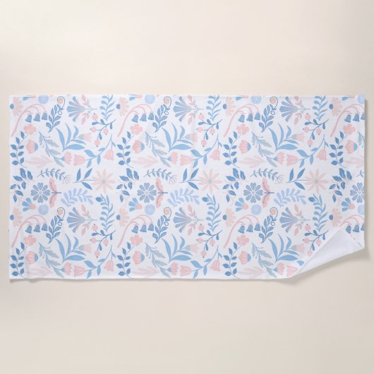 Floral design boho block print blue pink girly strandtuch (Vorderseite)
