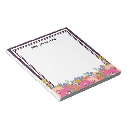 Floral Design Dark Plum White Name Notepad Notizblock (angewinkelt)