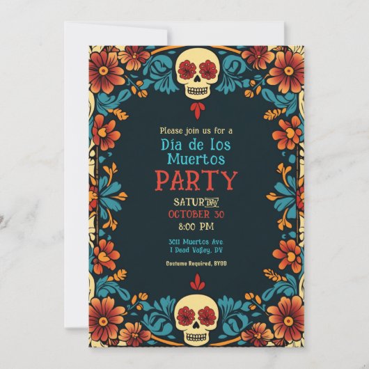 💀 Floral Día de Muertos Party Einladung (Vorderseite)