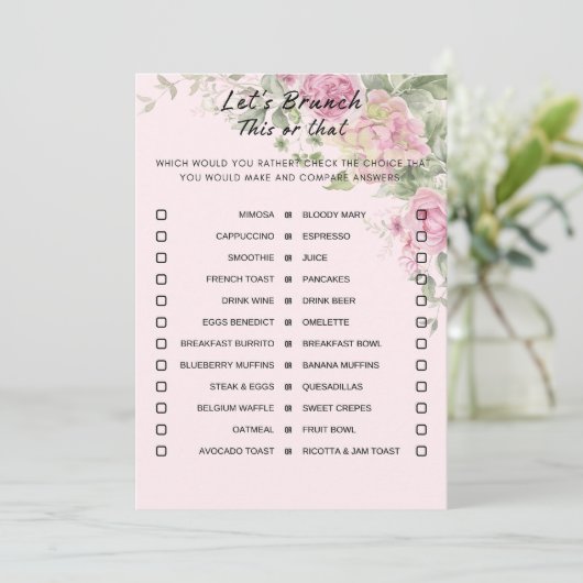 Floral Dieses oder jenes Brunch Party Game Einladung (Stehend Vorderseite)