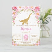 Floral Dinosaur Birthday Invitation Girl Einladung (Stehend Vorderseite)
