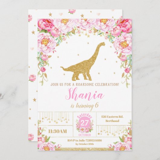 Floral Dinosaur Birthday Invitation Girl Einladung (Vorne/Hinten)