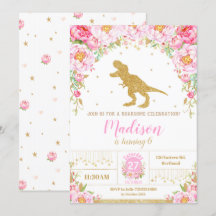 Floral Dinosaur Birthday Invitation Girl T-Rex