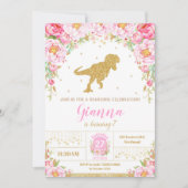 Floral Dinosaur Birthday Invitation Girl T-rex Einladung (Vorderseite)