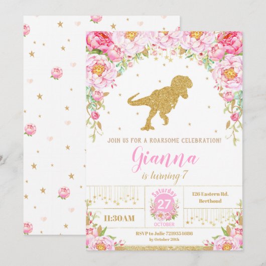 Floral Dinosaur Birthday Invitation Girl T-rex Einladung (Vorne/Hinten)