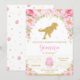 Floral Dinosaur Birthday Invitation Girl T-rex Einladung