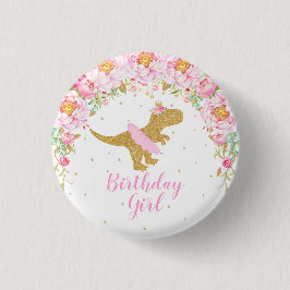 Floral Dinosaur T-Rex Birthday Girl Gast of Honour Button