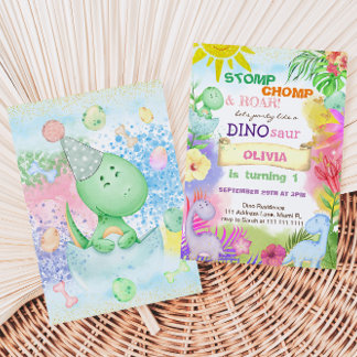 Floral Dinosaur Tropical Girl 1ST Geburtstag Einladung