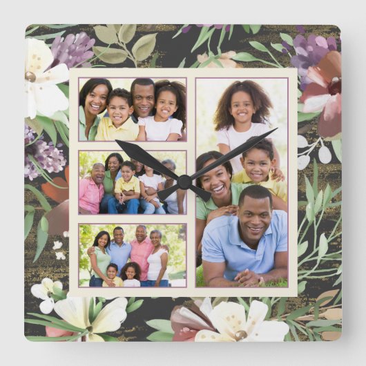 Floral DIY Family Instagram FotoCollage Quadratische Wanduhr (Vorderseite)
