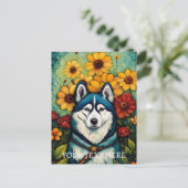 Floral Dog Art Siberian Husk Malerei Postkarte (Stehend Vorderseite)