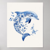 Floral Dolphin - Coastal Blue on Beige Wall Art Poster (Vorne)