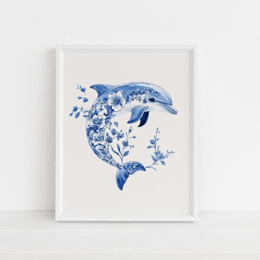 Floral Dolphin - Coastal Blue on Beige Wall Art Poster