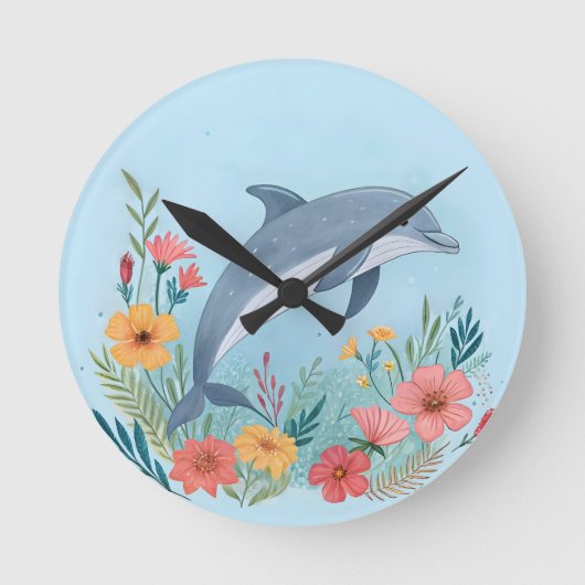 Floral Dolphin Runde Wanduhr (Vorderseite)
