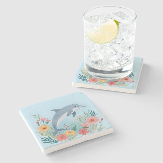Floral Dolphin Steinuntersetzer (Seitenansicht)
