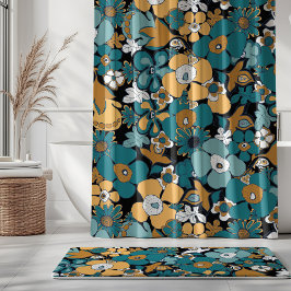 Floral Doodles Aqua Teal Mustard Black White Duschvorhang