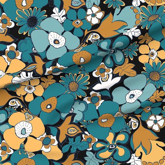 Floral Doodles Senf aquamarin blaues Wasser Stoff