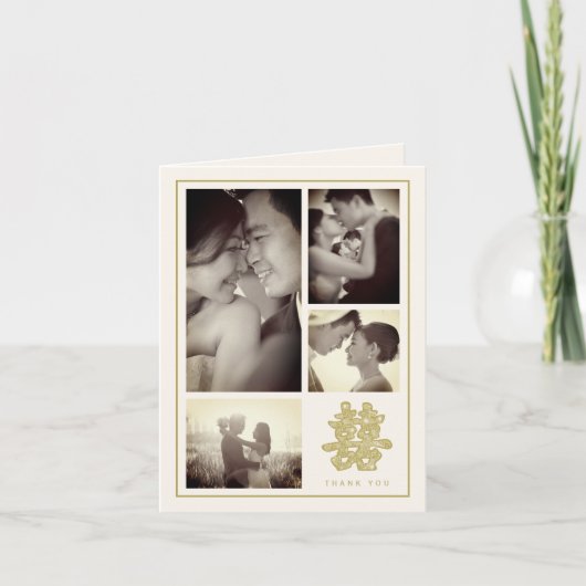 Floral Double Happiness Chinesisch Hochzeit 4 Foto Dankeskarte (Vorderseite)