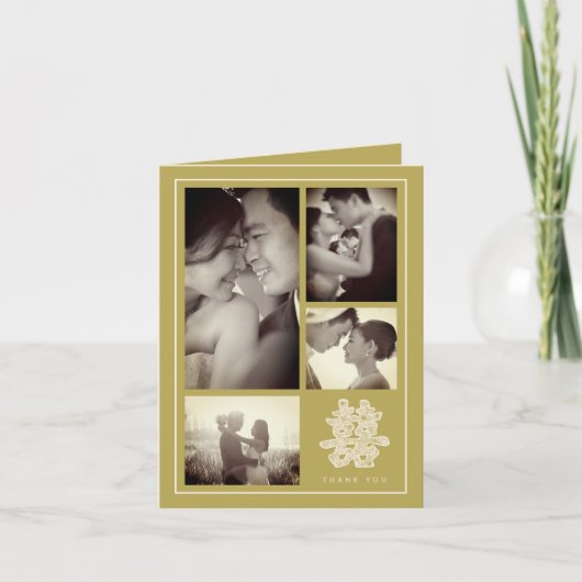 Floral Double Happiness Chinesisch Hochzeit 4 Foto Dankeskarte (Vorderseite)