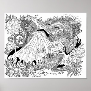 Floral Dragon Coloring Page Poster