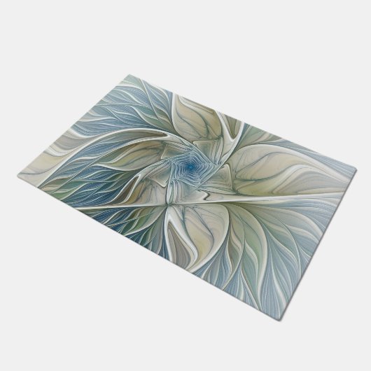 Floral Dream Muster Abstraktes Blue Khaki Fraktal Fußmatte (Schrägansicht)