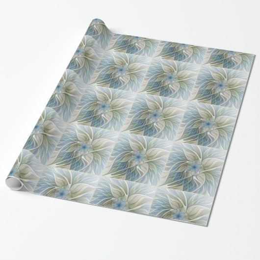 Floral Dream Muster Abstraktes Blue Khaki Fraktal Geschenkpapier (Ungerollt)