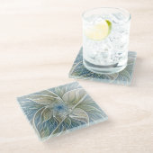 Floral Dream Muster Abstraktes Blue Khaki Fraktal Glasuntersetzer (Schrägansicht)