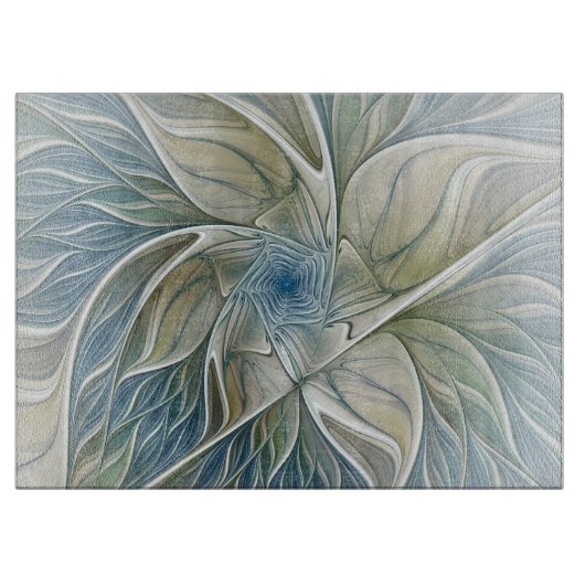 Floral Dream Muster Abstraktes Blue Khaki Fraktal Schneidebrett (Vorderseite)