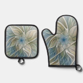 Floral Dream Pattern Abstract Blue Khaki Fractal Ofenhandschuh & Topflappen-Set (Vorderseite)