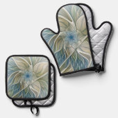 Floral Dream Pattern Abstract Blue Khaki Fractal Ofenhandschuh & Topflappen-Set (Vorderseite/Rückseite)