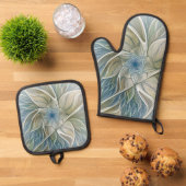 Floral Dream Pattern Abstract Blue Khaki Fractal Ofenhandschuh & Topflappen-Set (Oben Unten)