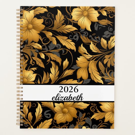 Floral dusty black and gold name script planer (Vorderseite)