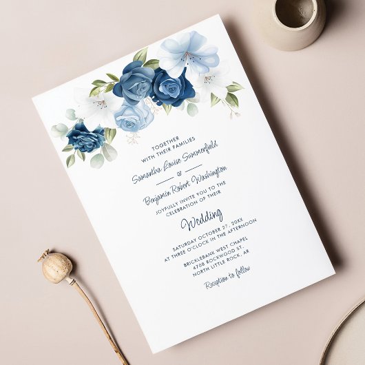 Floral Dusty Blue Botanical Script Wedding Einladung