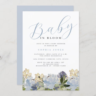 Floral Dusty Blue Boy Baby in Bloom Baby Dusche Einladung