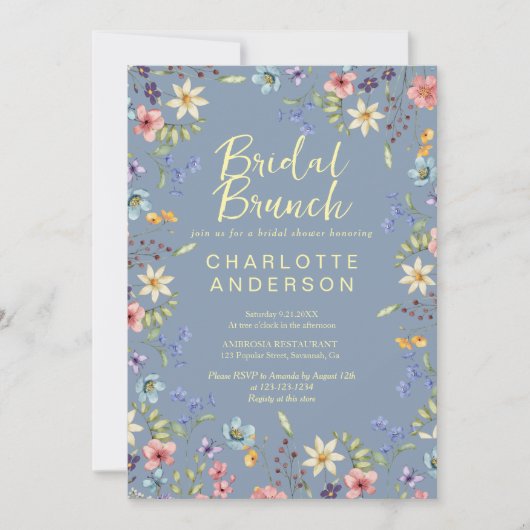 Floral Dusty Blue Brautparty Bridal Brunch Einladung (Vorderseite)