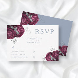 Floral Dusty Blue Burgundy Peonies Elegante Hochze RSVP Karte