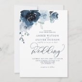 Floral Dusty Blue Dark Navy Blue Boho Wedding Einladung (Vorderseite)