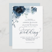 Floral Dusty Blue Dark Navy Blue Boho Wedding Einladung (Vorne/Hinten)