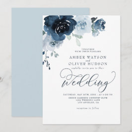Floral Dusty Blue Dark Navy Blue Boho Wedding Einladung