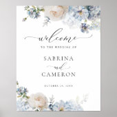 Floral Dusty Blue Elegante Hochzeit Begrüßungszeic Poster (Vorne)