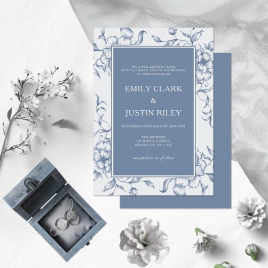 Floral Dusty Blue Elegante Wedding Einladung