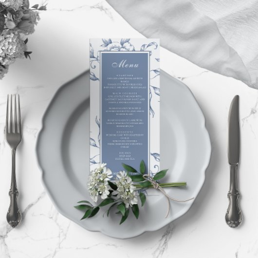 Floral Dusty Blue Elegante Wedding Menükarte