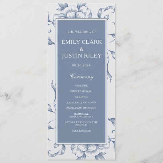 Floral Dusty Blue Elegante Wedding Programm (Vorderseite)