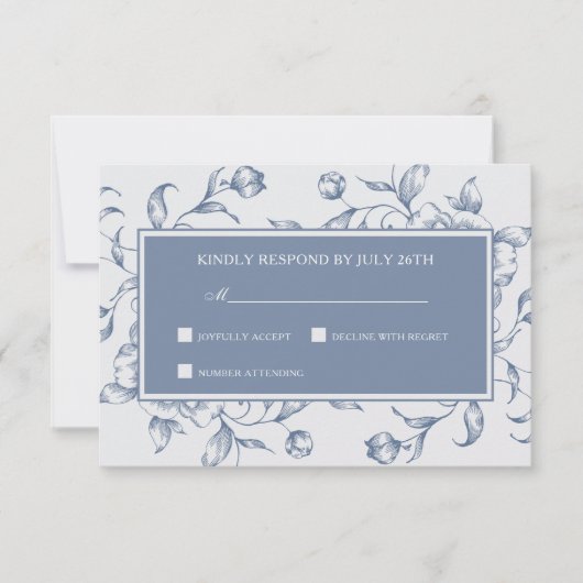 Floral Dusty Blue Elegante Wedding RSVP Karte (Vorderseite)